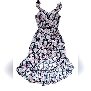 AUW Black Pink & Silver Waist Tie Floral Rose High Low Dress Flowy Tiered Ruffle